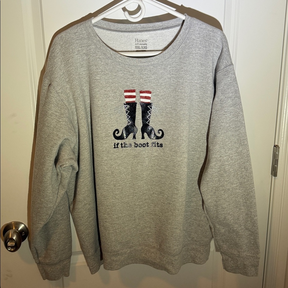 Hanes Gray Sweatshirt with Embroidered Boots Design